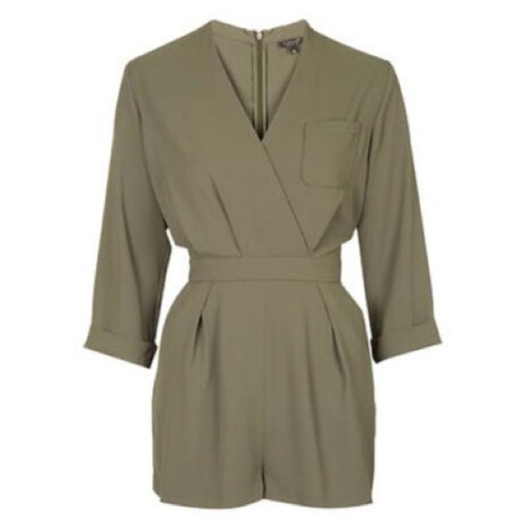 TOPSHOP Natural Drape Front Short Green Romper 2 - Picture 3 of 14